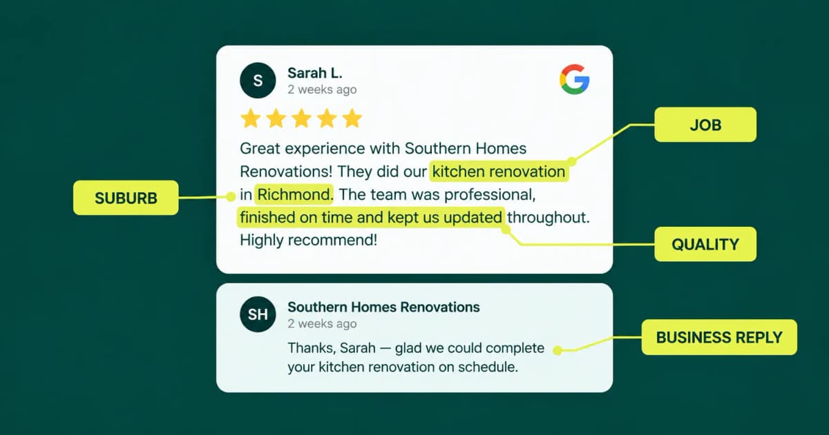Example of five-star review for a renovation business, highlighting the job completed, suburb, service quality and a business reply that mentions the work.