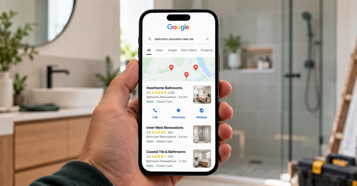 Homeowner holding a smartphone displaying local bathroom renovation businesses in search results, with a modern bathroom softly blurred in the background.
