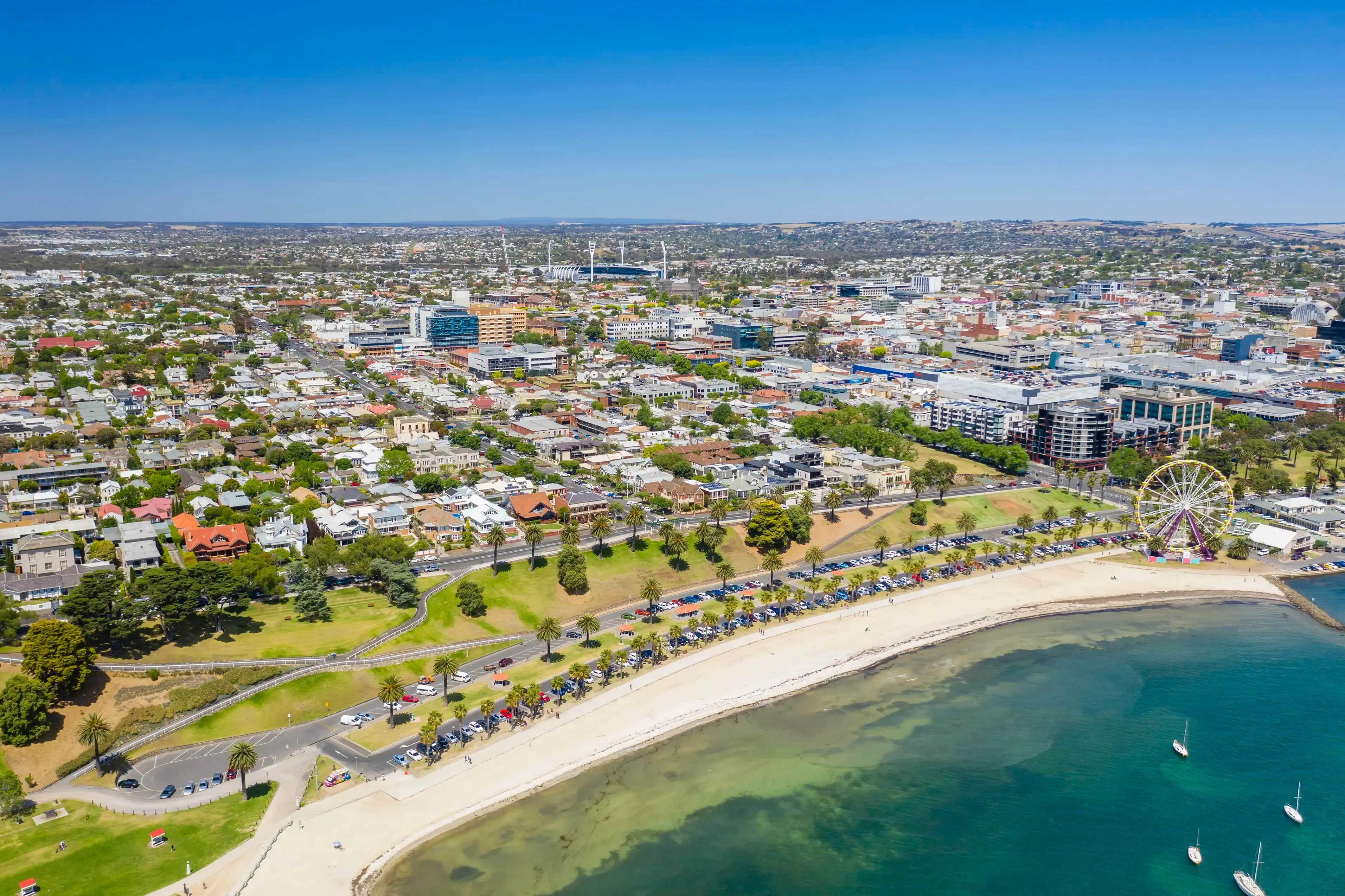 Aerial view of Geelong and Corio Bay, where trade businesses compete for Google Ads visibility