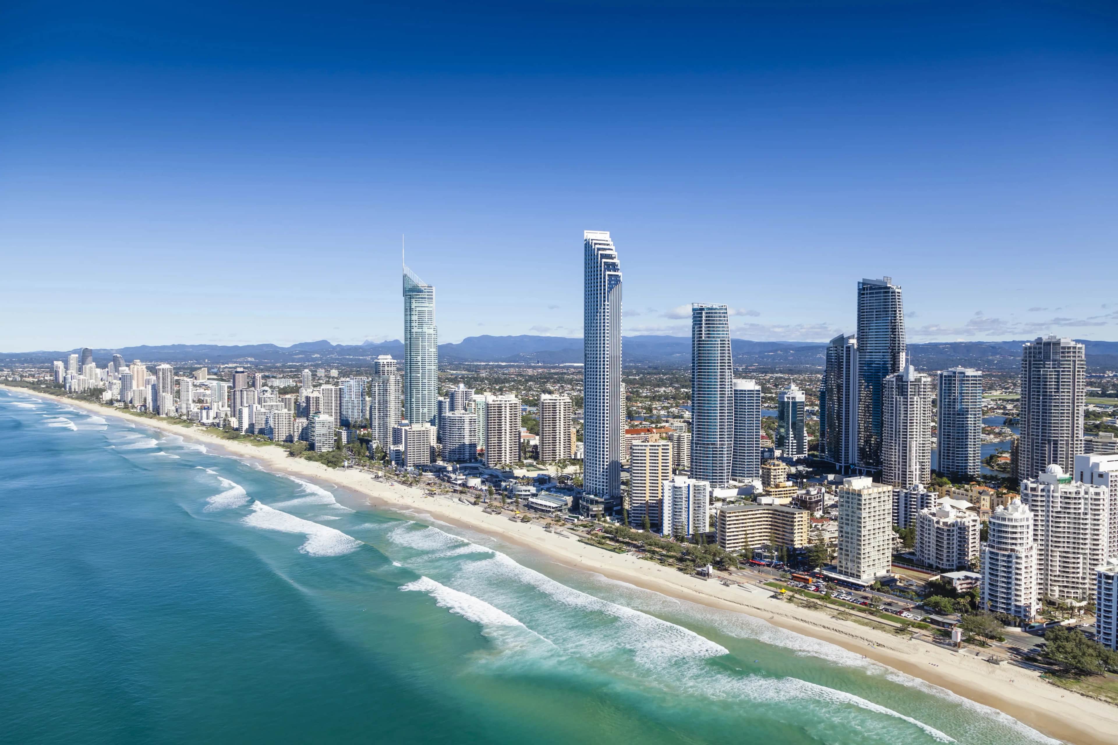 Aerial view of the Gold Coast, where trade businesses compete for Google Ads visibility