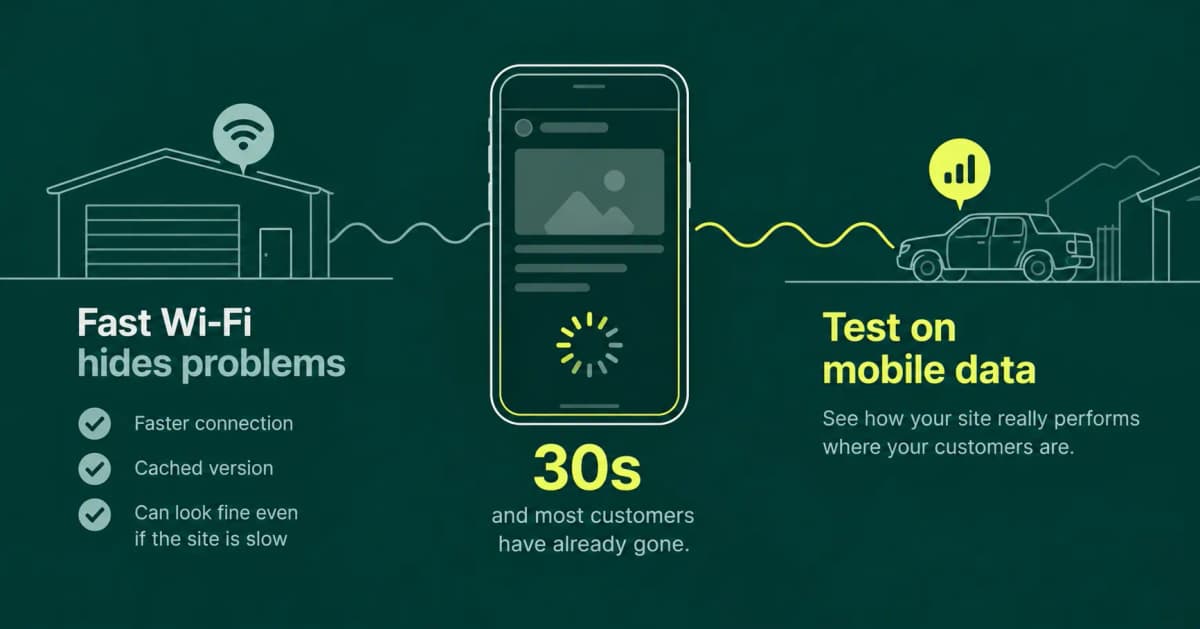 Why tradies should test website speed using mobile data rather than relying on fast Wi-Fi, with a phone loading a webpage and a 30-second warning.
