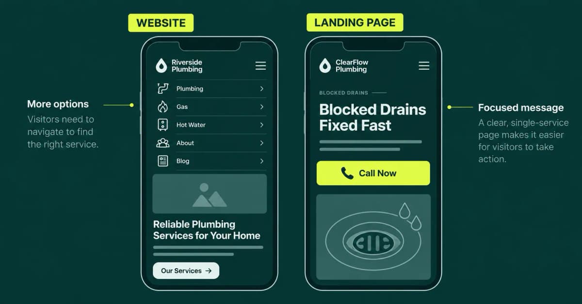 Two mobile screens comparing a tradie website with multiple navigation options and a blocked-drain landing page featuring a prominent call button.