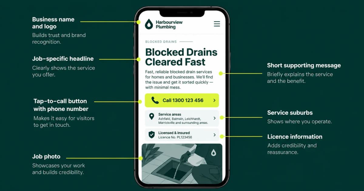Mobile landing page example for a plumbing business showing a job-specific headline, tap-to-call button, service suburbs, licence information and a job photo, with labels highlighting each element.