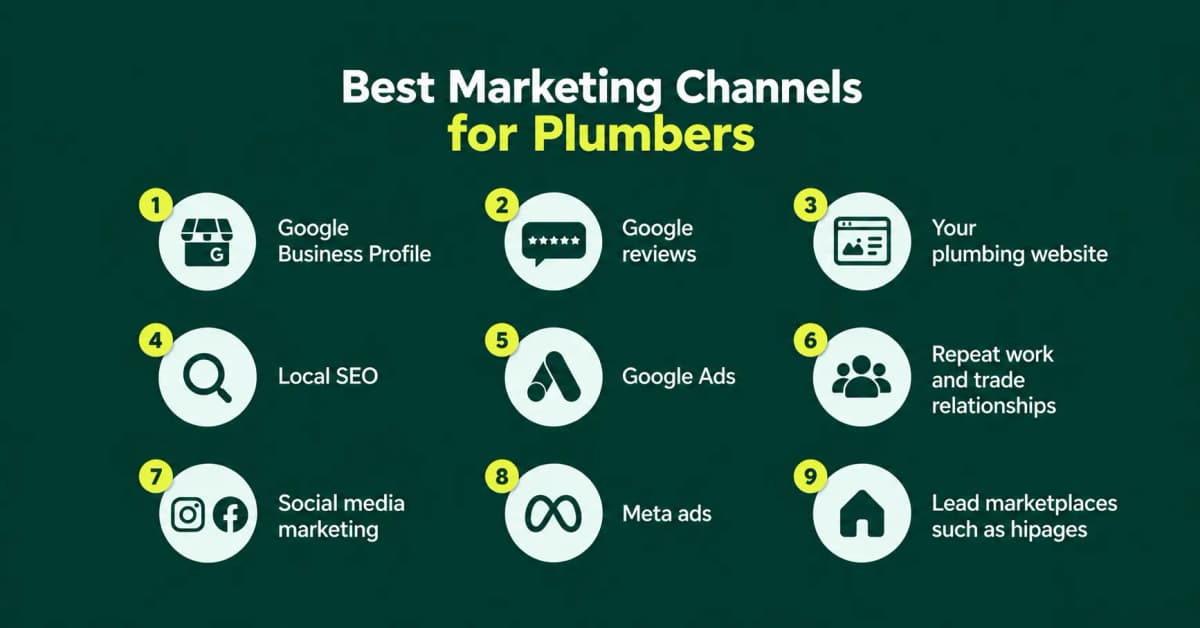 Nine marketing channels for Australian plumbers, including Google Business Profile, reviews, local SEO, Google Ads, social media, referrals, and lead marketplaces.