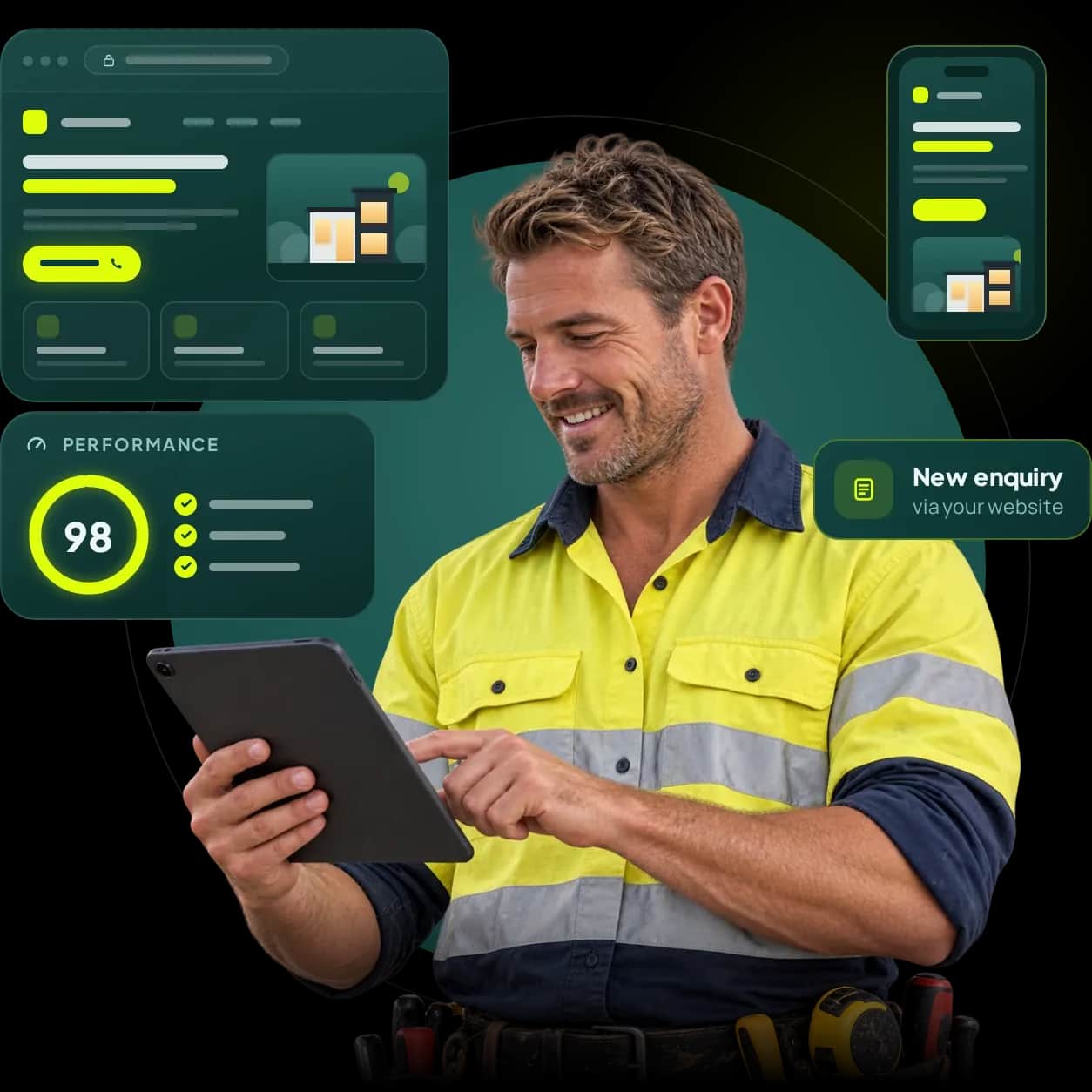 Local tradie reviewing his new website on a tablet