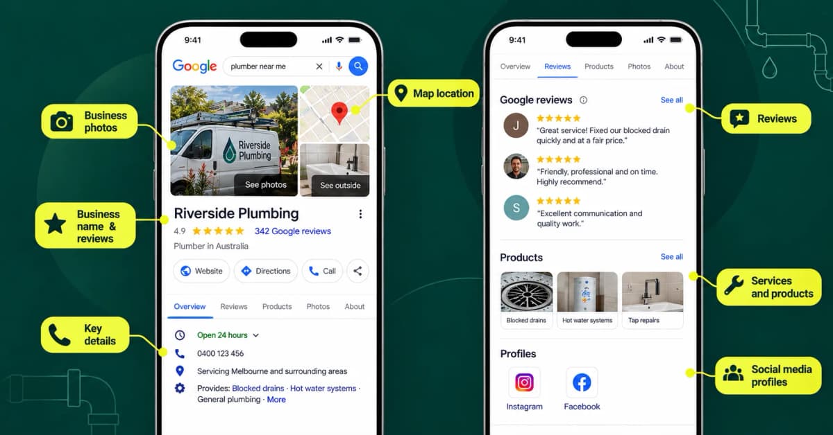 Example Google Business Profile for a plumbing business, showing business photos, contact details, map location, customer reviews, plumbing services, products, and social media profiles across two mobile screens.