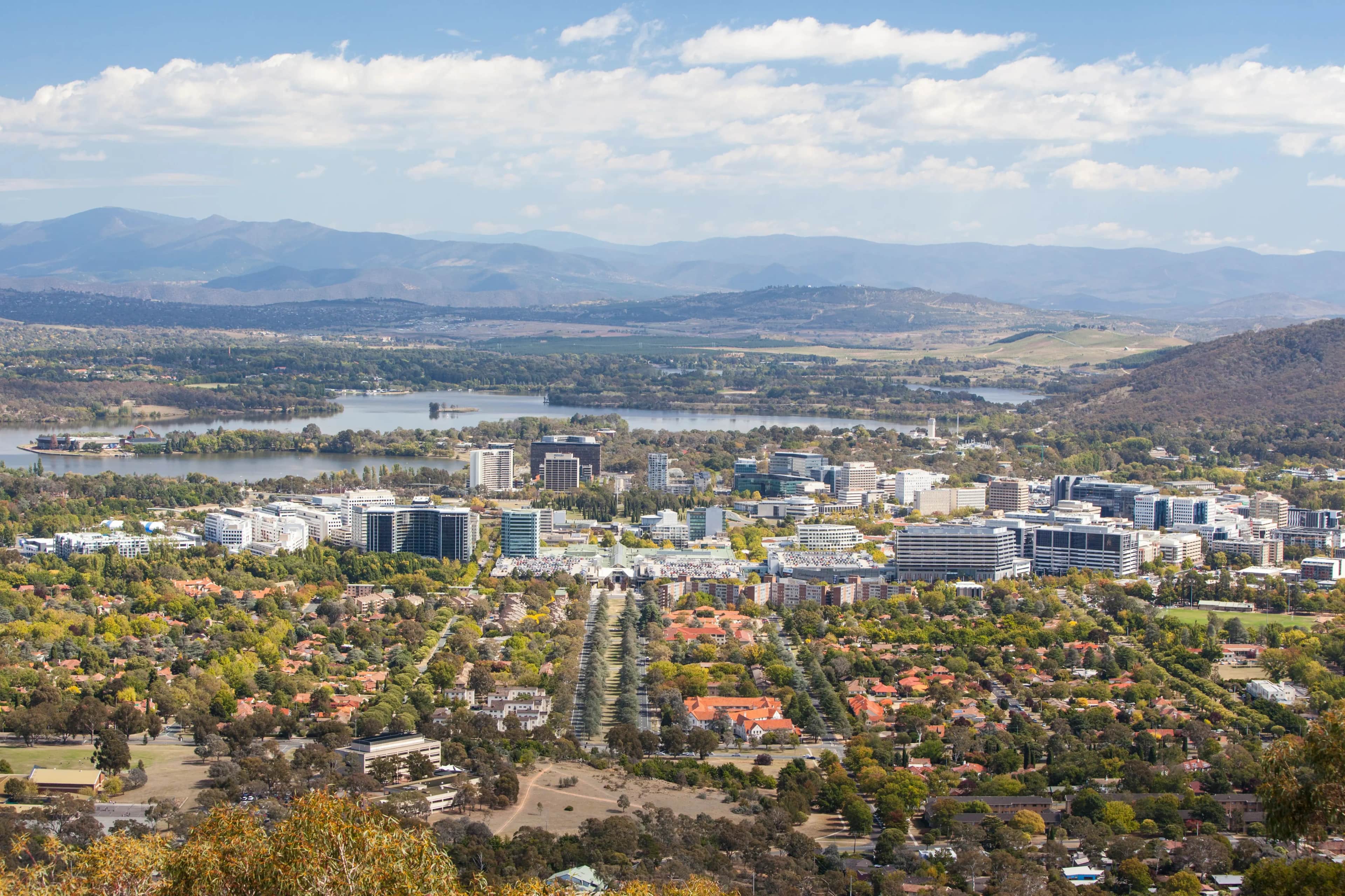 Aerial view of Canberra, where trade businesses compete for Google Ads visibility