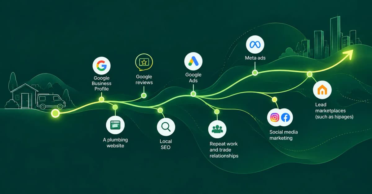 Illustration of a plumbing business marketing growth journey, connecting nine channels including Google Business Profile, Google reviews, a plumbing website, local SEO, Google Ads, repeat work, trade relationships, social media, Meta ads, and lead marketplaces.